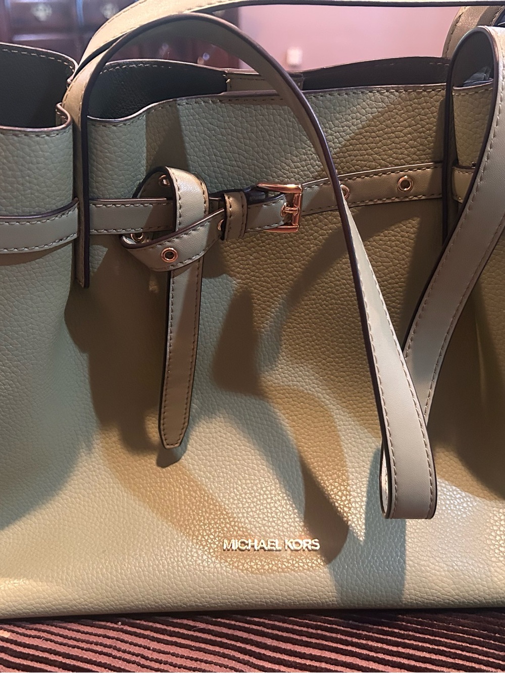 Michael Kors Olive Pebbled Leather Tote with Buckle Detail